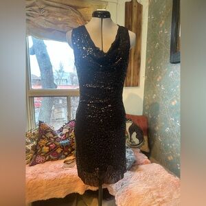 Black Sequin Sleeveless Midi Dress Draped Neckline